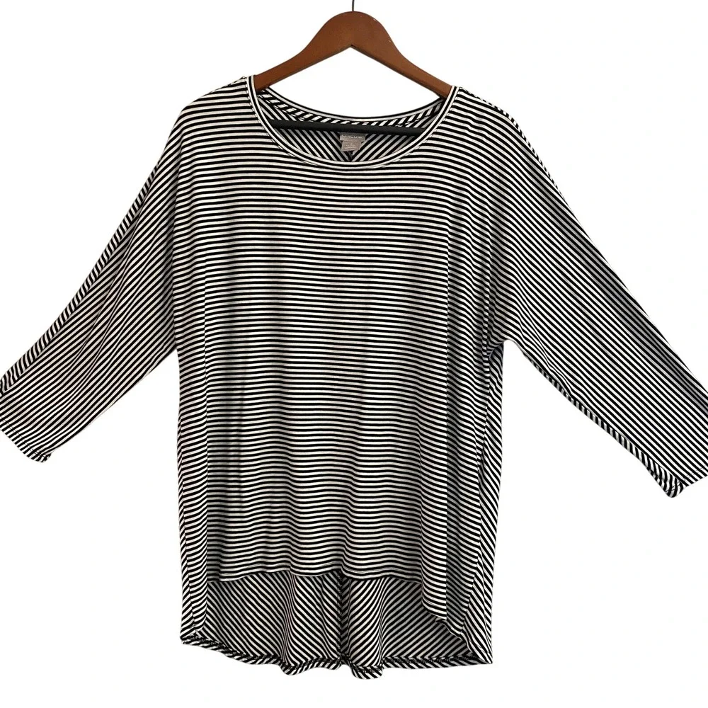 Chico's Striped Top Womens Chico Size 2 Longline 3/4 Sleeve WHITE Black - Picture 1 of 11